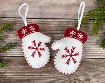 Felt mitten Christmas ornaments, embroidered felt ornaments, felt ornament set, Christmas mitten ornaments