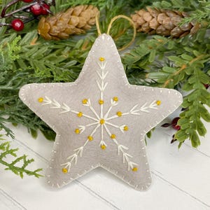 Hand Stitched Felt Christmas Star Ornament: Embroidered Snowflake Decor