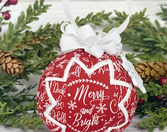 Quilted Christmas ornament, Merry Christmas decor, red and white Christmas ornament decorations