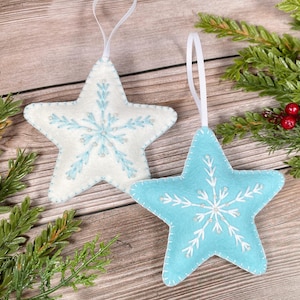 Blue and white felt Christmas star ornaments, embroidered snowflake ornaments, Scandinavian Christmas ornaments, ice blue Christmas decor