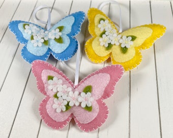 Felt butterfly ornament decorations, pastel butterfly decor, felt ornaments, floral butterflies