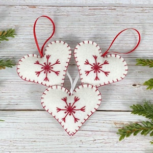 Felt Heart Christmas Ornaments Set: Embroidered Snowflake, Scandinavian Decor