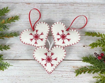 Felt heart Christmas ornament set of 3, embroidered felt snowflake ornament, red white Christmas ornament set, Scandinavian felt ornaments