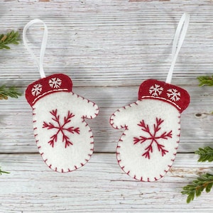 Felt Mitten Christmas Ornaments, Embroidered Felt Ornaments, Felt ...