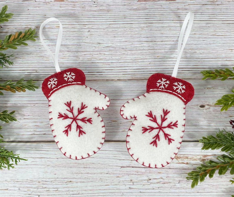 Felt Mitten Christmas Ornaments Embroidered Felt Ornaments Etsy
