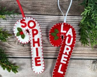 Personalized felt Christmas Ornament, personalized candy cane ornaments, felt candy cane ornaments, custom name ornaments