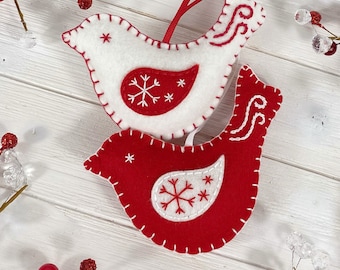 Felt Bird Christmas ornament, Felt Christmas ornaments, Red White bird ornaments, hand stitched felt Christmas ornament
