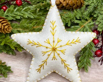 Felt Christmas star ornament, hand embroidered felt snowflake ornament, white and gold Christmas decoration, handmade