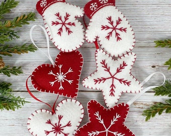 Felt ornament set, Handmade embroidered felt Christmas ornaments, felt star, felt hearts, felt mittens