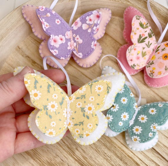 Felt butterfly decorations, spring butterfly ornaments, floral spring decor, Mother’s Day gift, handmade felt ornaments