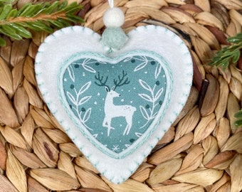 Felt heart Christmas ornament, felt reindeer ornament, winter decorations, reindeer decoration,  felt winter ornaments