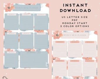 Weekly Meal Planner Pastel Peachy Florals Printable Download 2 Pages US Letter Size