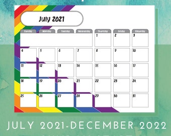 18 Month Sunday Start Monthly Layout Calendar July 2021- December 2022 Rainbow Colored No Holidays Pride Themed