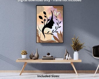 Abstract gezicht lijnkunstprint: minimalistisch boho-huisdecor (digitale download)