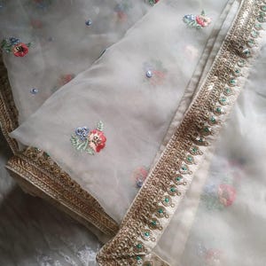 Off White Organza Dupatta with Lace Borders: Hand Embroidered Indian Scarf