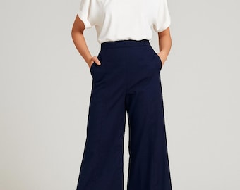 Blue Cotton Wide-Leg Palazzo Pants: Boho Chic Style with Pockets