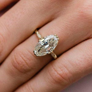4.00 CT Old Mine Moval Cut Moissanite Solitaire Ring, Round Cut Accent Moissanite Solid Gold Ring, Vintage White Moissanite Engagement Ring
