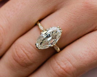 4.00 CT Old Mine Moval Cut Moissanite Solitaire Ring, Round Cut Accent Moissanite Solid Gold Ring, Vintage White Moissanite Engagement Ring