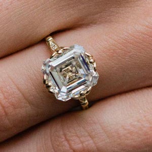 6.60 Carat Old Mine Asscher Cut Moissanite Ring, Round Cut Accent Moissanite 14K Yellow Gold Ring, Moissanite Vintage Engagement Ring