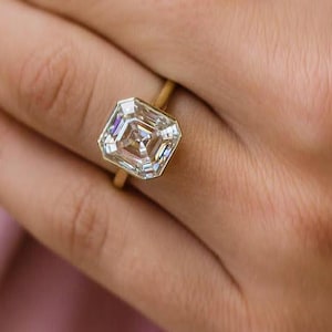 3.95 CT Old Mine Asscher Cut Moissanite Bezel Set Ring, Bezel Set Engagement Ring In Solid Yellow Gold, Moissanite Gift Ring For Girlfriend