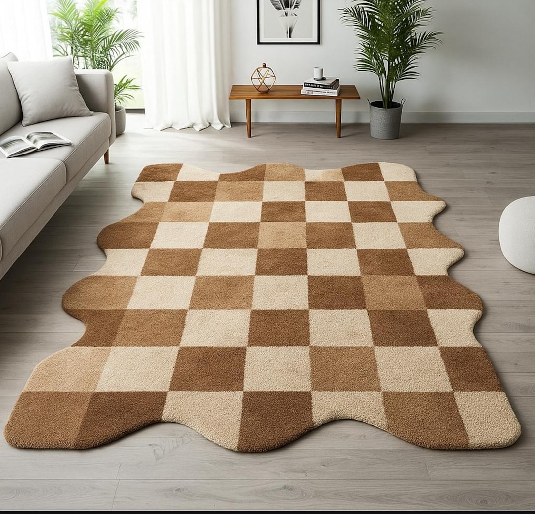 Chocolate Check Rug Hand-tufted Checkered Rug, Brown & Beige Wavy Edge Geometric Carpet - Etsy