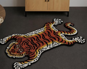 Handgetufteter Tigerteppich | Tibetanisch inspiriertes Dschungel Dekor für Schlafraum und Lounge