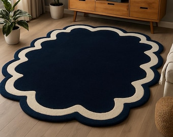 Handmade Wool Scalloped Rug | Modern Wavy Border Carpet