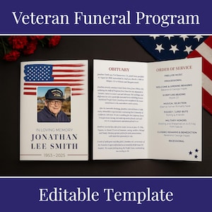 Military Veteran Funeral Program: Patriotic Celebration of Life (Editable Canva Template)