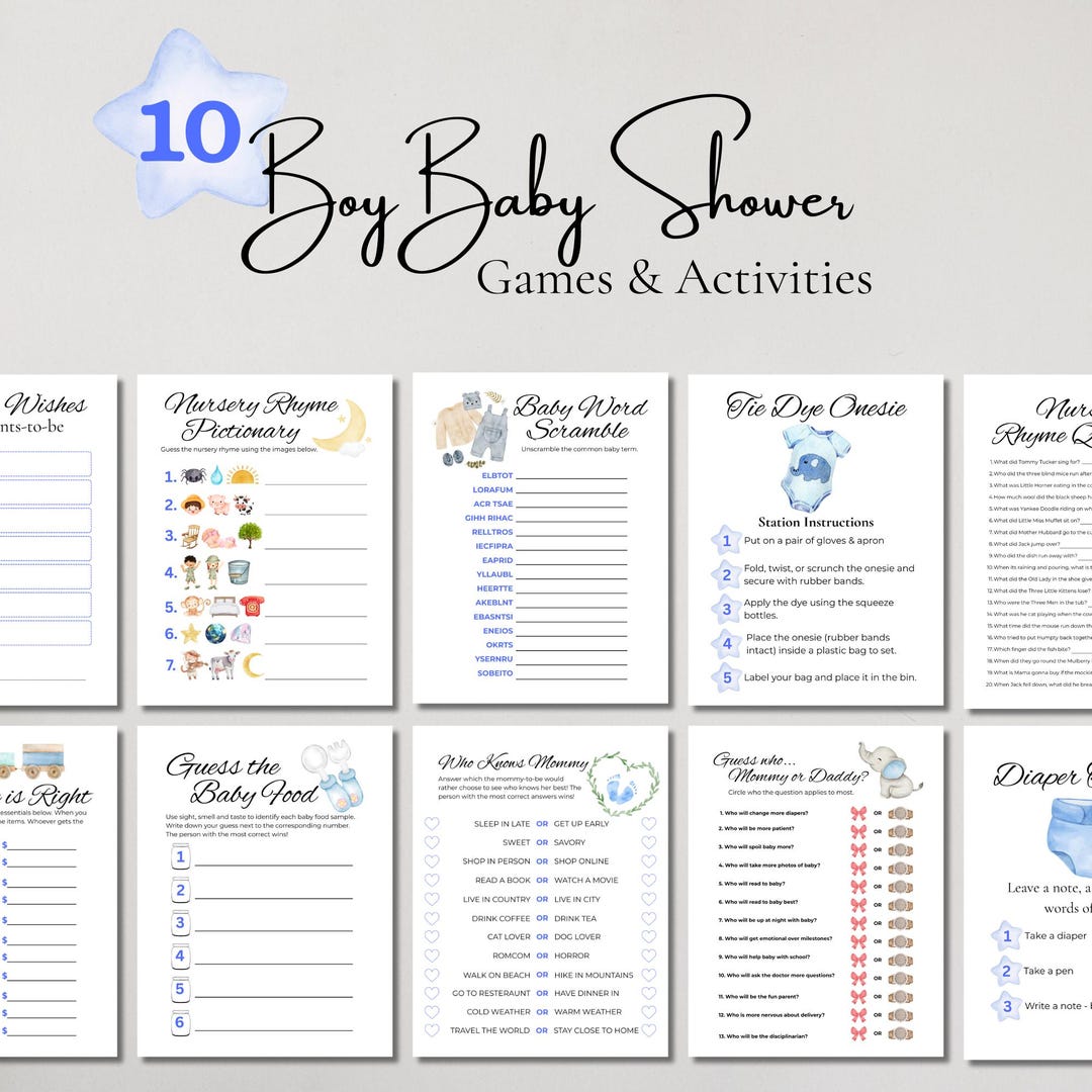 Boy Baby Shower Games Bundle, Minimalist Blue Theme, Simple Printable ...