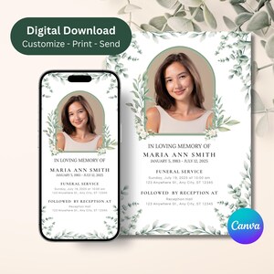 Könnte beinhalten: Digitale Traueranzeige mit einem Foto einer Frau, umgeben von grünem Laub. Der Text lautet "In Loving Memory of Maria Ann Smith" mit Daten und Bestattungsdetails. Ein Smartphone zeigt das gleiche Design.