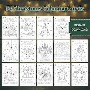 May include: Fourteen Christmas coloring cards with festive illustrations, including Santa Claus, Christmas trees, and snowmen. Each card features holiday greetings like "Merry Christmas" and "Happy Holidays." The words "Instant Download" are also visible.