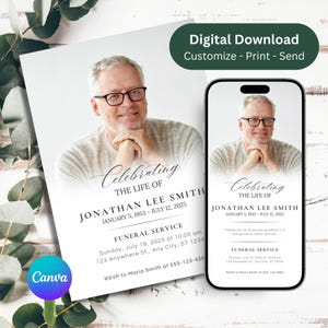 Könnte beinhalten: Digitale Traueranzeige mit einem Foto eines Mannes mit Brille. Der Text lautet "Celebrating the Life of Jonathan Lee Smith, 5. Januar 1953 - 12. Juli 2025." Enthält Details zur Beerdigung und RSVP-Informationen.