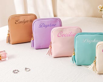 Gepersonaliseerde minimalistische portemonnee voor dames, leren portemonnee, geborduurd sieradenetui met naam, sieradenopberger, cadeaus bruidsmeisje