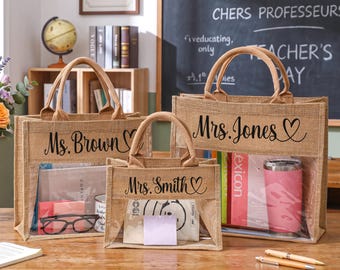 Sac fourre-tout personnalisé pour enseignant, fourre-tout vintage en lin transparent à fenêtre, cadeau de remerciement pour enseignant, tailles S/M/L