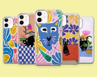 アンリ・マティスのアート柄の黒猫デザインのスマホケース（iPhone、Samsung、Pixel対応）