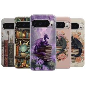 May include: A selection of phone cases with fantasy-themed illustrations. The designs showcase dragons, books, and floral elements. The cases are in various colours and have a glossy finish. The cases are designed for a mobile phone.