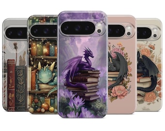 May include: A collection of phone cases featuring fantasy art. Designs include dragons resting on books, floral arrangements, and a library scene with a sleeping dragon. The cases have a glossy finish and are in various colors.