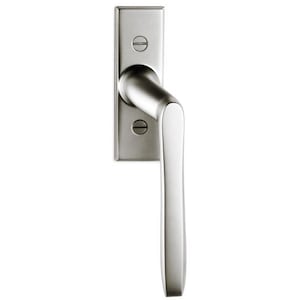 May include: A brushed nickel door handle with a rectangular backplate and a curved lever. The handle is mounted with two screws and has a sleek, modern design. The hardware is made of metal and is suitable for interior doors.