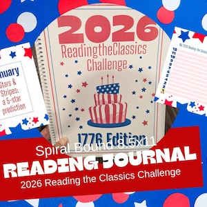 May include: A spiral-bound reading journal with a patriotic theme. The cover features the text "2026 Reading the Classics Challenge" and a cake design in red, white, and blue. Additional elements include star and stripe designs, and the text "1776 Edition 8.5x11".