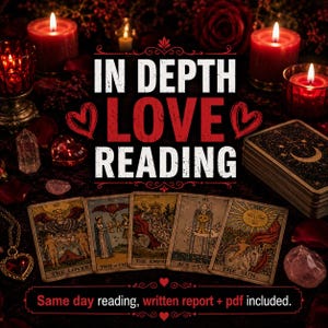 Könnte beinhalten: Ein Bild mit dem Thema Tarot-Lesung. Die Worte "IN DEPTH LOVE READING" sind prominent dargestellt. Tarotkarten sind ausgelegt, mit brennenden Kerzen und Kristallen, die zum mystischen Ambiente beitragen. Der Text "Same day reading, written report + pdf included" ist ebenfalls sichtbar.