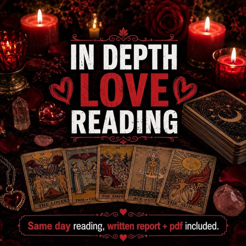 May include: An image featuring a tarot card reading theme. The words "IN DEPTH LOVE READING" are prominently displayed. Tarot cards are laid out, with lit candles and crystals adding to the mystical ambiance. The text "Same day reading, written report + pdf included" is also visible.