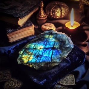 May include: A large, iridescent labradorite gemstone with blue, yellow, and green flashes rests on a dark blue velvet surface. The gemstone is the focal point, surrounded by antique books, a lit candle, and decorative objects, creating a mystical ambiance.