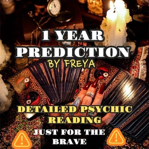 Puede incluir: Imagen con cartas del tarot, velas encendidas y una mano con uñas largas rojas. El texto en la imagen dice "1 YEAR PREDICTION BY FREYA" y "DETAILED PSYCHIC READING JUST FOR THE BRAVE."