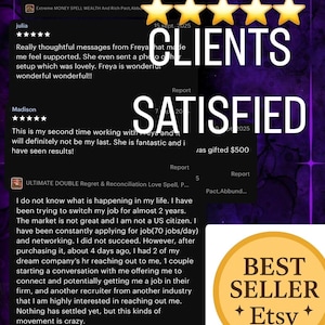 Puede incluir: Imagen que muestra testimonios de clientes con calificaciones de cinco estrellas, las palabras "CLIENTES SATISFECHOS" en letras blancas grandes y una insignia de "BEST SELLER Etsy". El fondo es morado oscuro con acentos de estrellas.