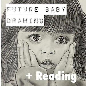 Puede incluir: Dibujo a lápiz en blanco y negro de un niño pequeño con las manos en la cara. El texto "FUTURE BABY DRAWING + Reading" está superpuesto a la imagen en blanco.