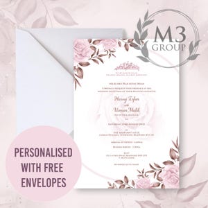 Personalisierte Einladungen Blumen Rosa Hochzeit Nikkah Karten lädt Einladungen handgemachte einzigartige Karte | A5 100er Pack mit GRATIS Umschlägen