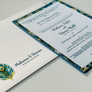 Convites de casamento muçulmanos, indianos, ingleses, sikhs, hindus, Nikkah Walima, Mehndi Sangeet | Design de pavão personalizado feito à mão