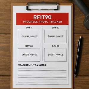 May include: A clipboard with a fitness progress tracker titled "RFIT90". The tracker has spaces for photos at days 1, 30, 60, and 90, with space for measurements and notes. A black pen and a dumbbell are also in the image.