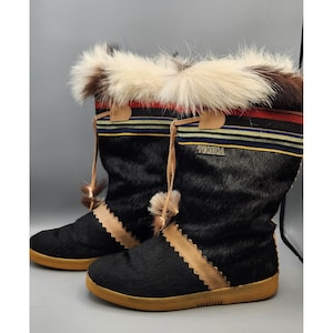 Tecnica Boots Womens US 9 EUR 40 Black Tan Goat Fur Apres Ski Vintage Winter