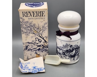 Vtg TUVACHE REVERIE Bath Crystals Bottle 16oz EMPTY Milk Glass Blue Toile